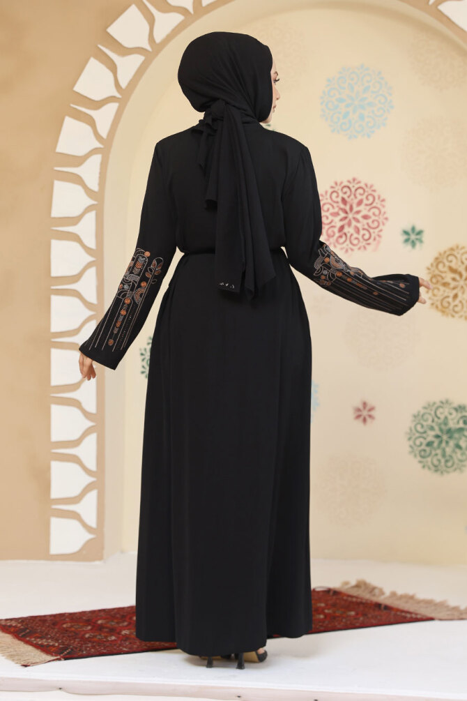 Desenli Siyah Tesettür Abaya 45302S - 4