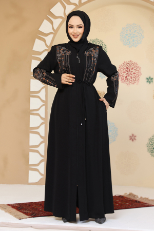 Desenli Siyah Tesettür Abaya 45302S - 3