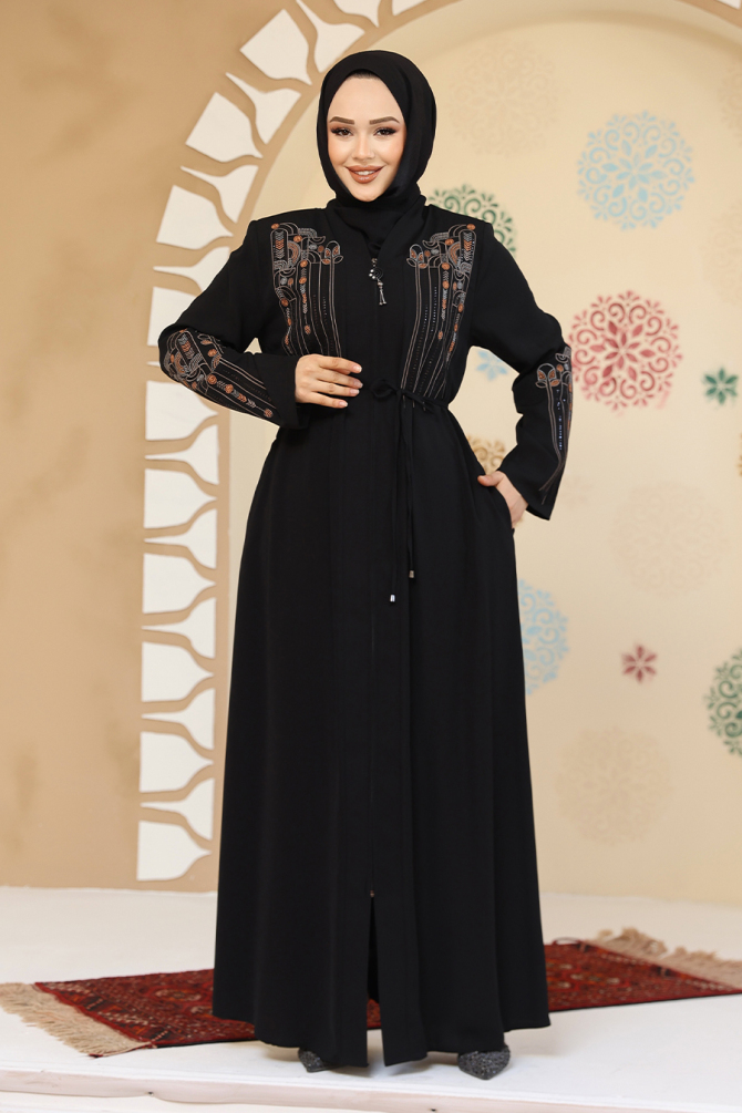 Desenli Siyah Tesettür Abaya 45302S - 3
