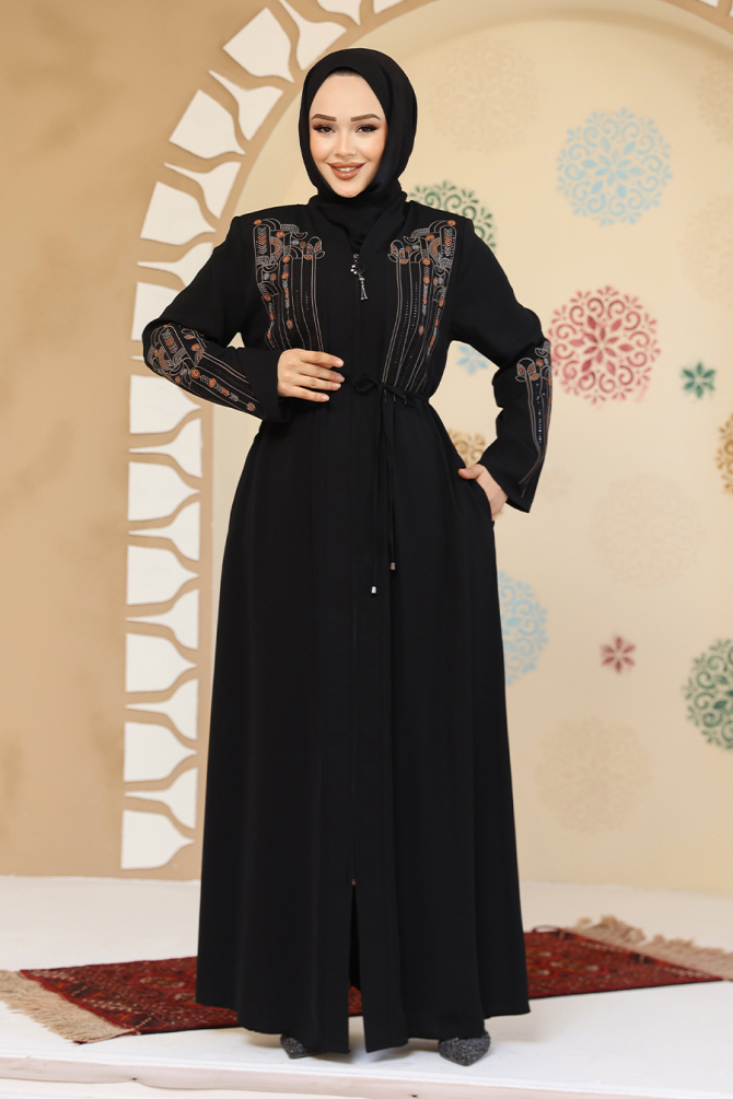 Desenli Siyah Tesettür Abaya 45302S - 1