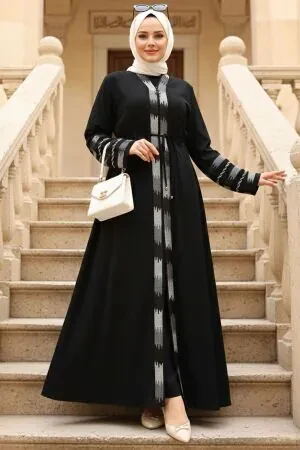 Desenli Siyah Tesettür Abaya 45303S 