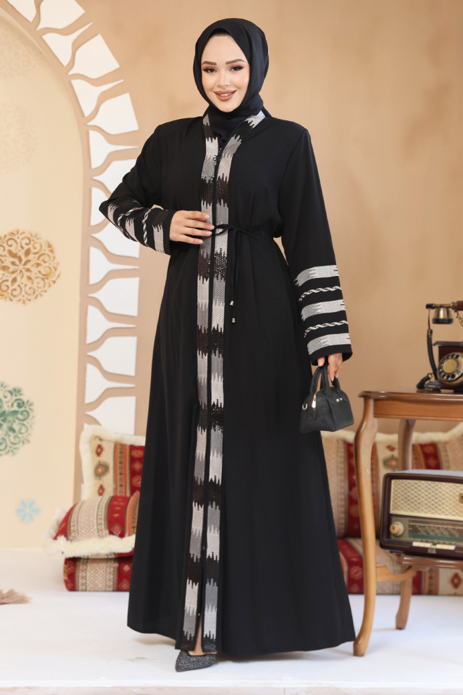 Desenli Siyah Tesettür Abaya 45303S - 1