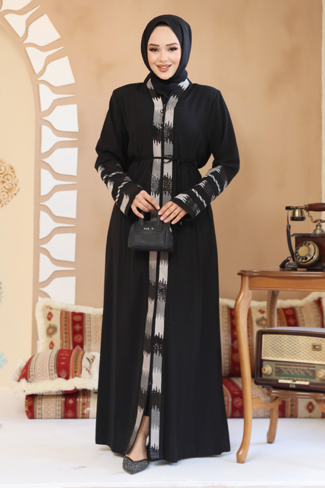 Desenli Siyah Tesettür Abaya 45303S - 2