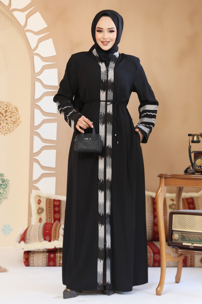 Desenli Siyah Tesettür Abaya 45303S - 3