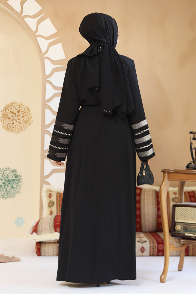 Desenli Siyah Tesettür Abaya 45303S - 4