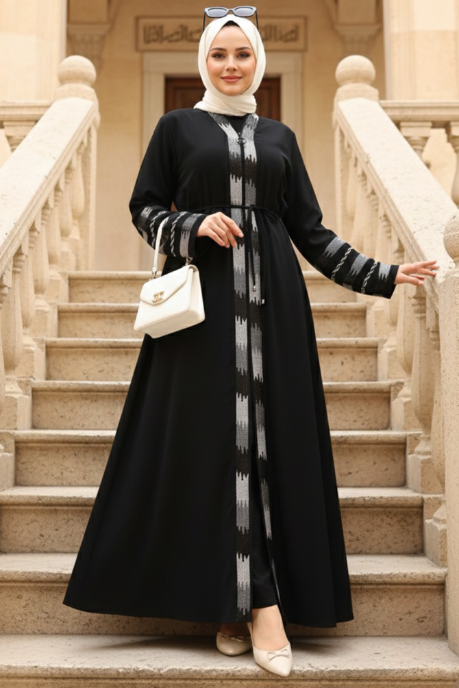 Desenli Siyah Tesettür Abaya 45303S - 1