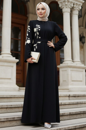 Desenli Siyah Tesettür Abaya 60052S 