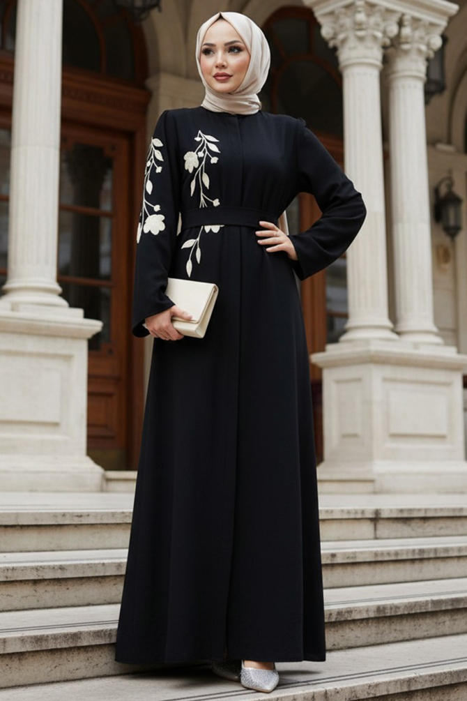 Desenli Siyah Tesettür Abaya 60052S - 1
