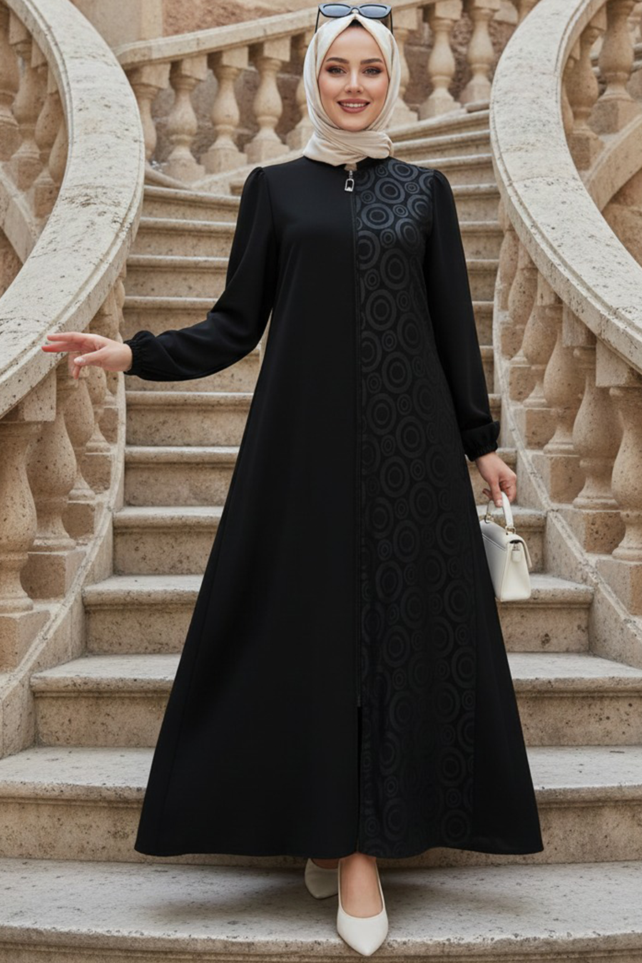 Desenli Siyah Tesettür Abaya 85103S
