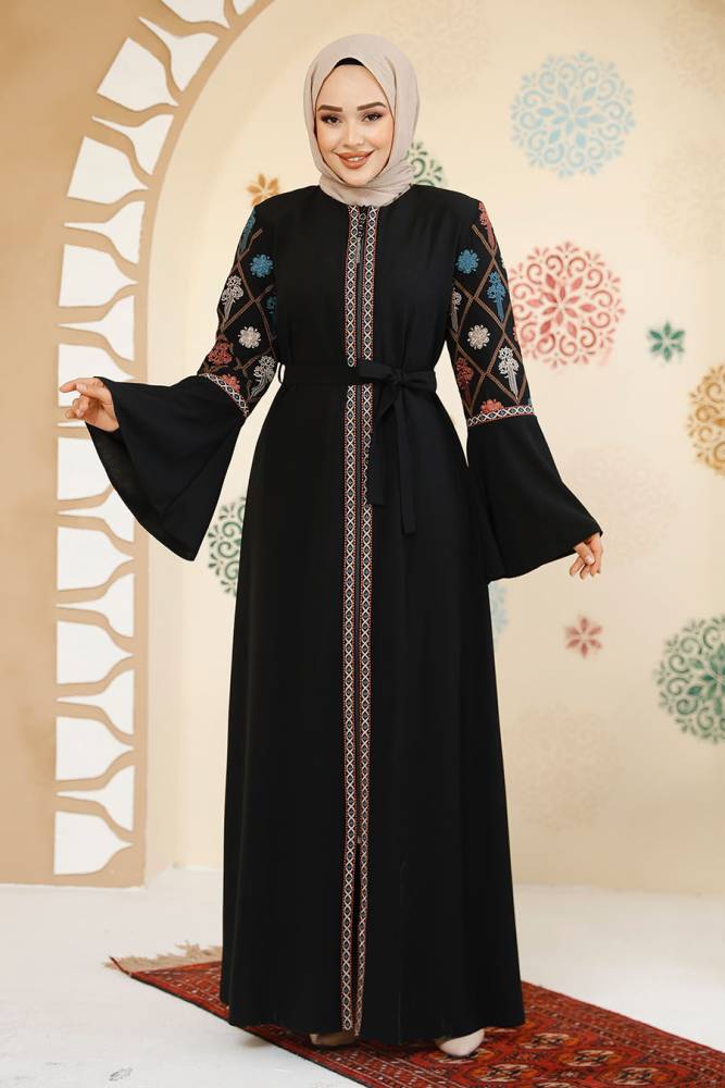 Desenli Siyah Tesettür Abaya 90311S - 1