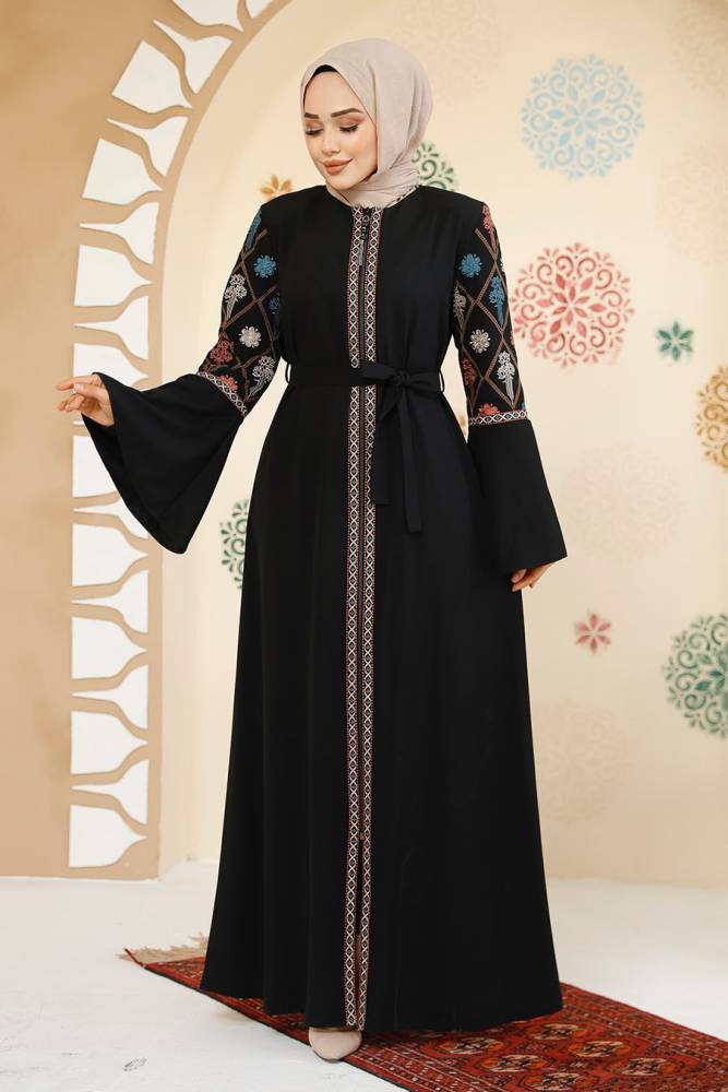 Desenli Siyah Tesettür Abaya 90311S - 2