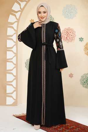 Desenli Siyah Tesettür Abaya 90311S - 3