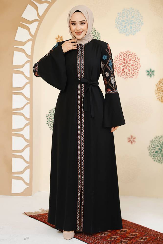 Desenli Siyah Tesettür Abaya 90311S - 3