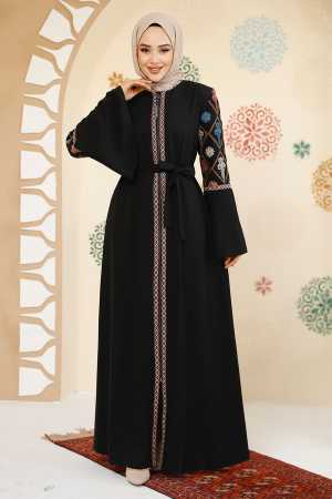 Desenli Siyah Tesettür Abaya 90311S - 4