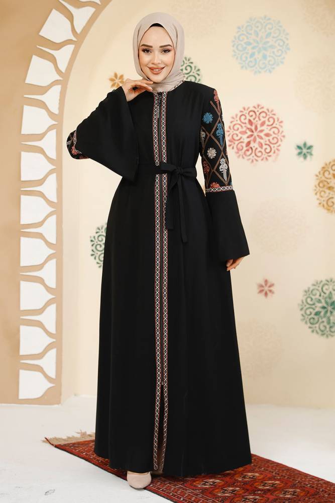 Desenli Siyah Tesettür Abaya 90311S - 4