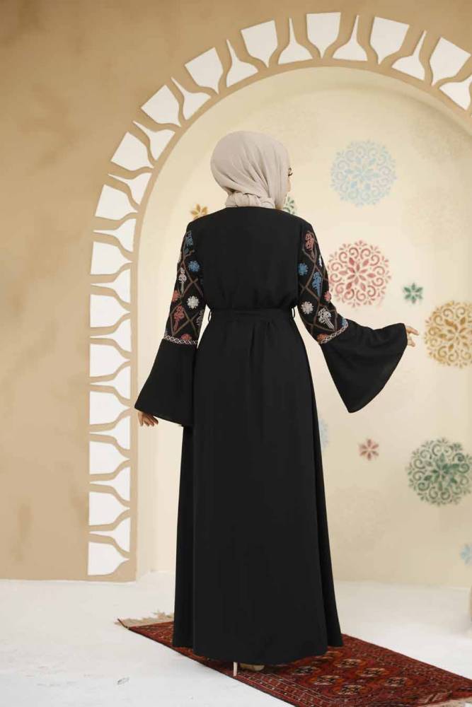 Desenli Siyah Tesettür Abaya 90311S - 5