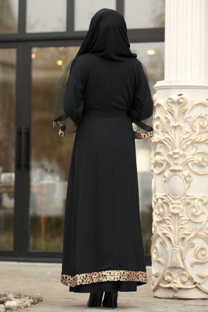 Desenli Siyah Tesettür Abaya 95841S - 2