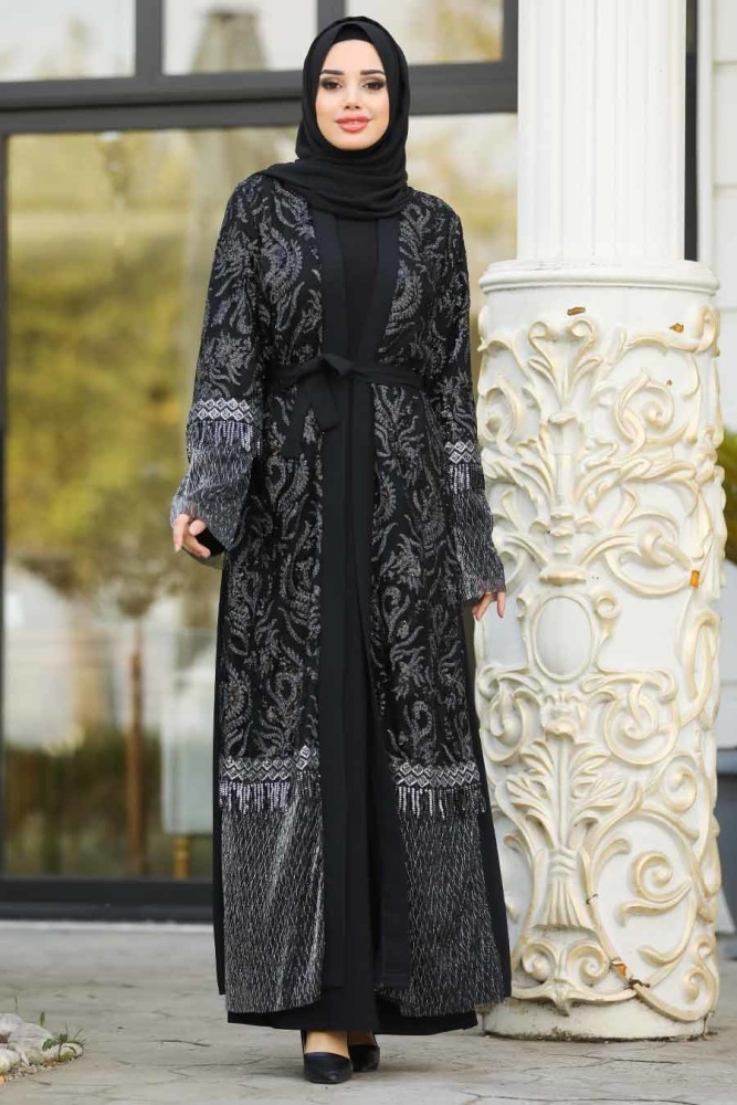 Desenli Siyah Tesettür Abaya 9590S - 1