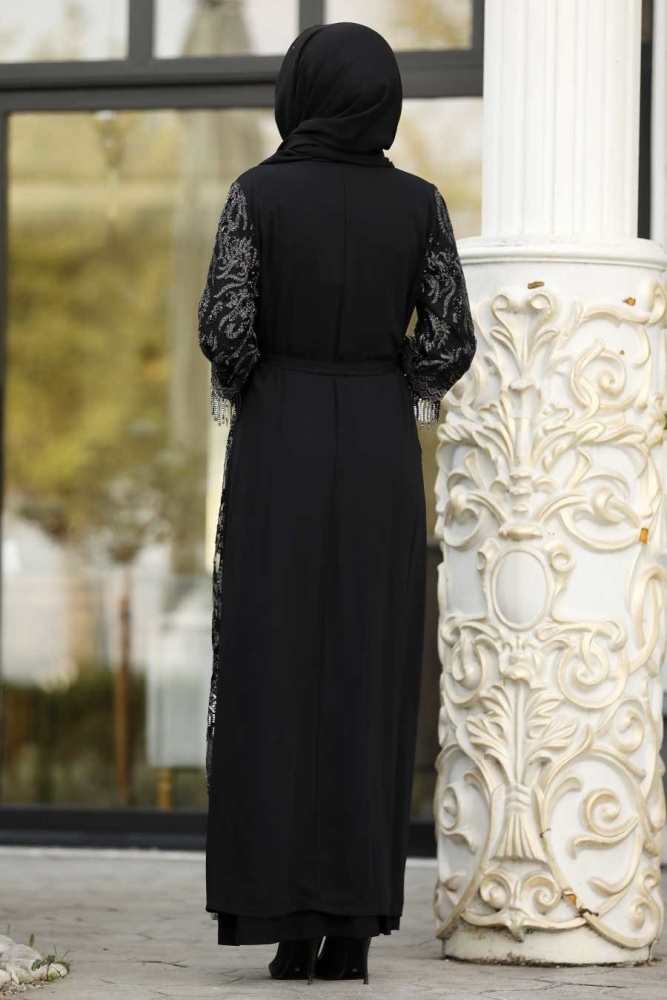 Desenli Siyah Tesettür Abaya 9590S - 2