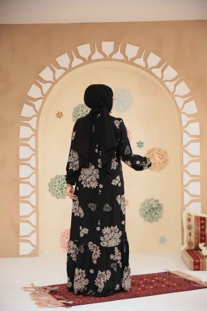 Desenli Siyah Tesettür Elbise 15732S - 3