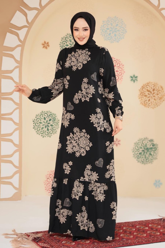 Desenli Siyah Tesettür Elbise 15732S - 1