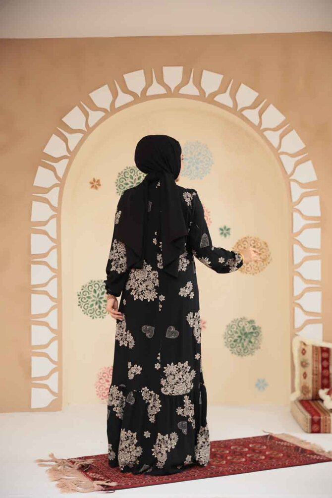 Desenli Siyah Tesettür Elbise 15732S - 3