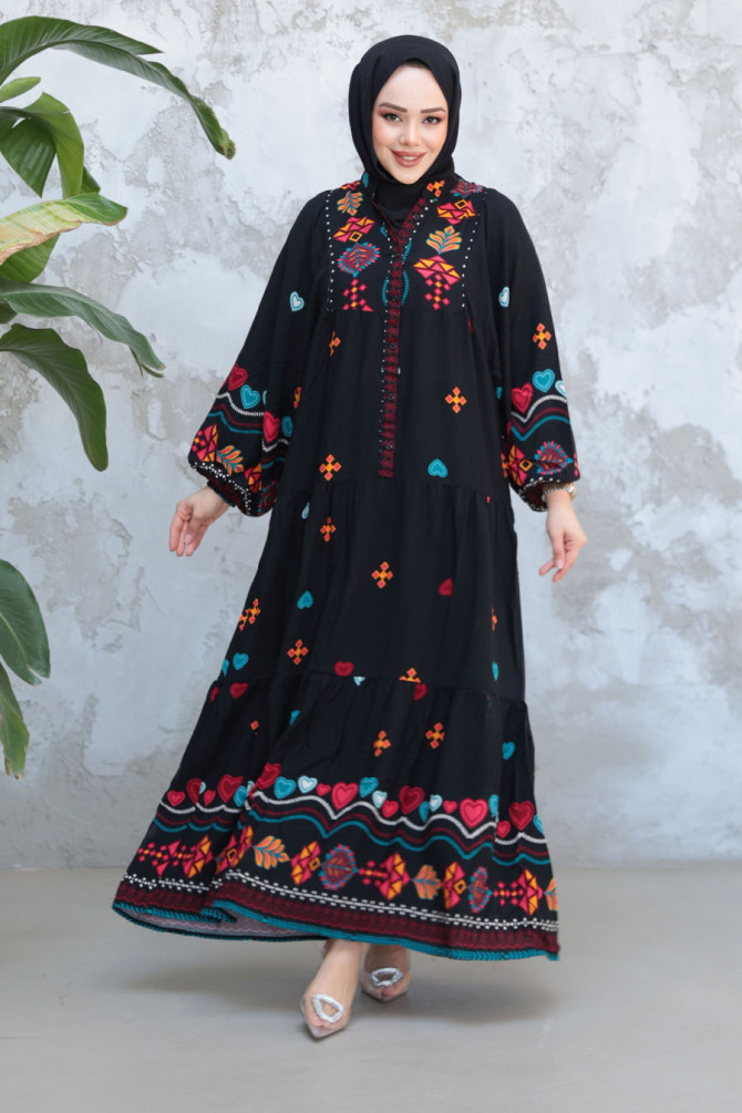 Desenli Siyah Tesettür Elbise 18244S - 1