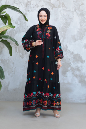 Desenli Siyah Tesettür Elbise 18244S - 2