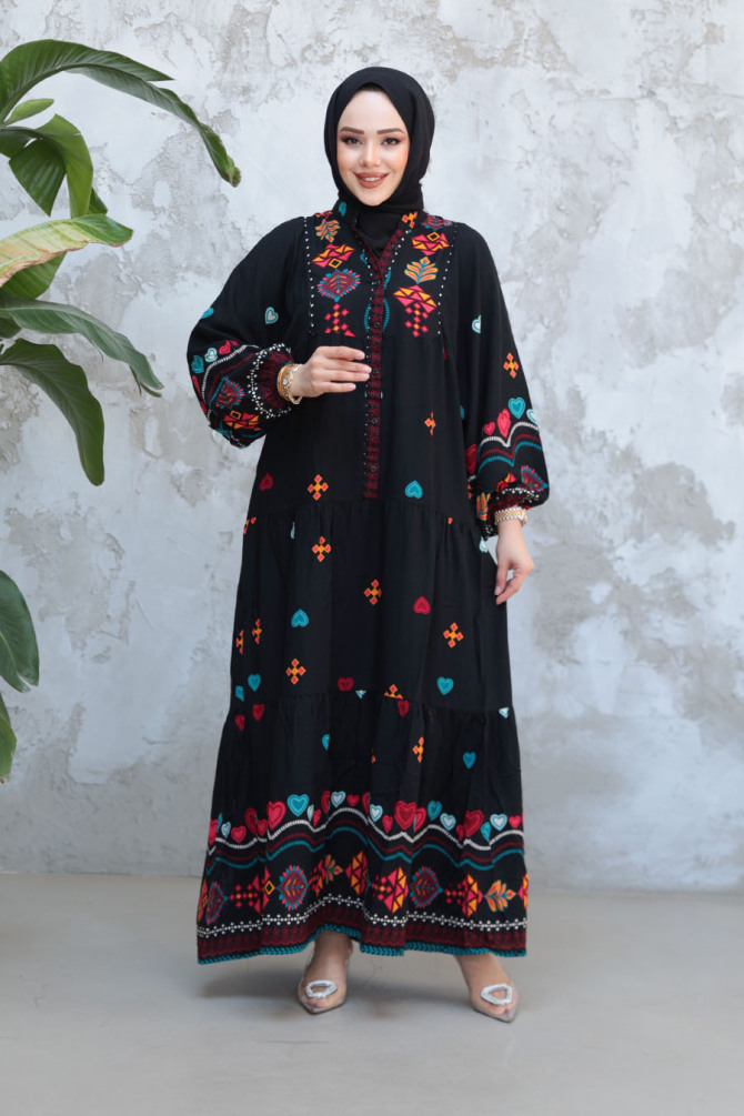 Desenli Siyah Tesettür Elbise 18244S - 2