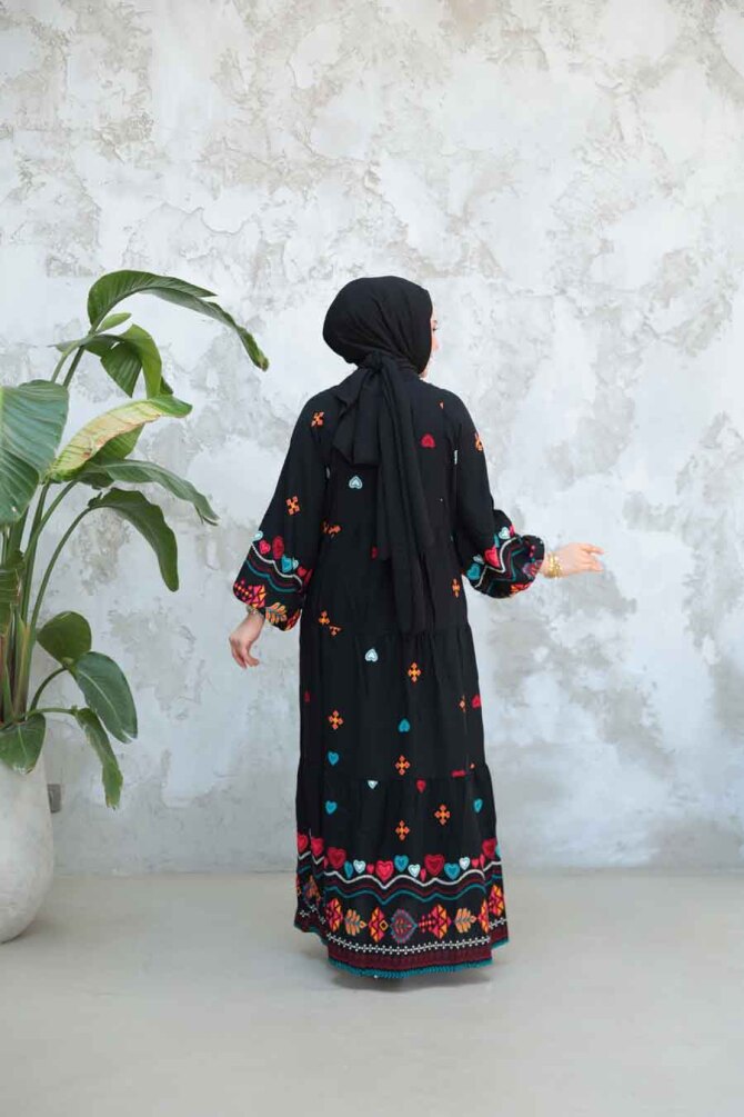 Desenli Siyah Tesettür Elbise 18244S - 3