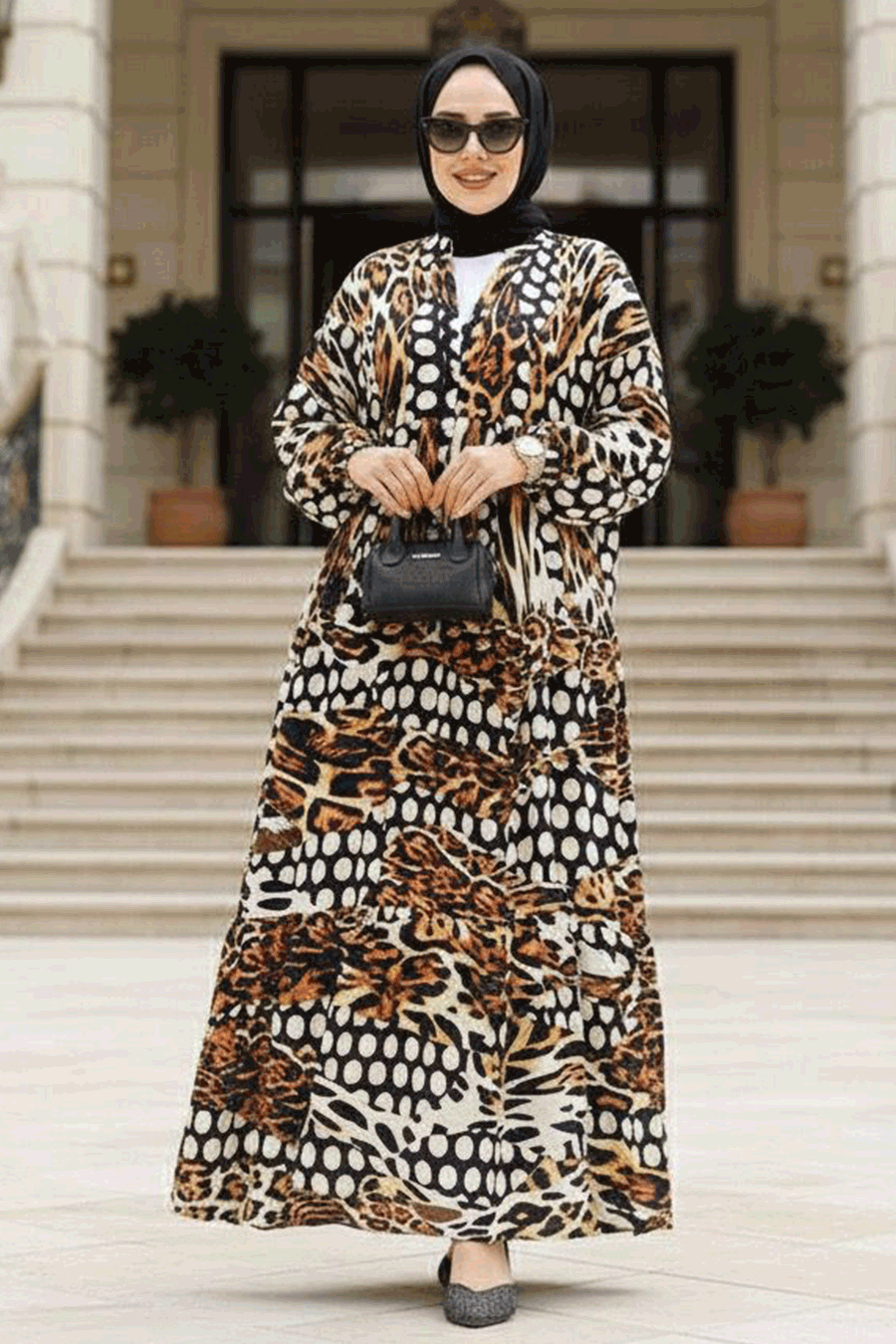Leopar Desenli Tesettür Elbise 23041LP