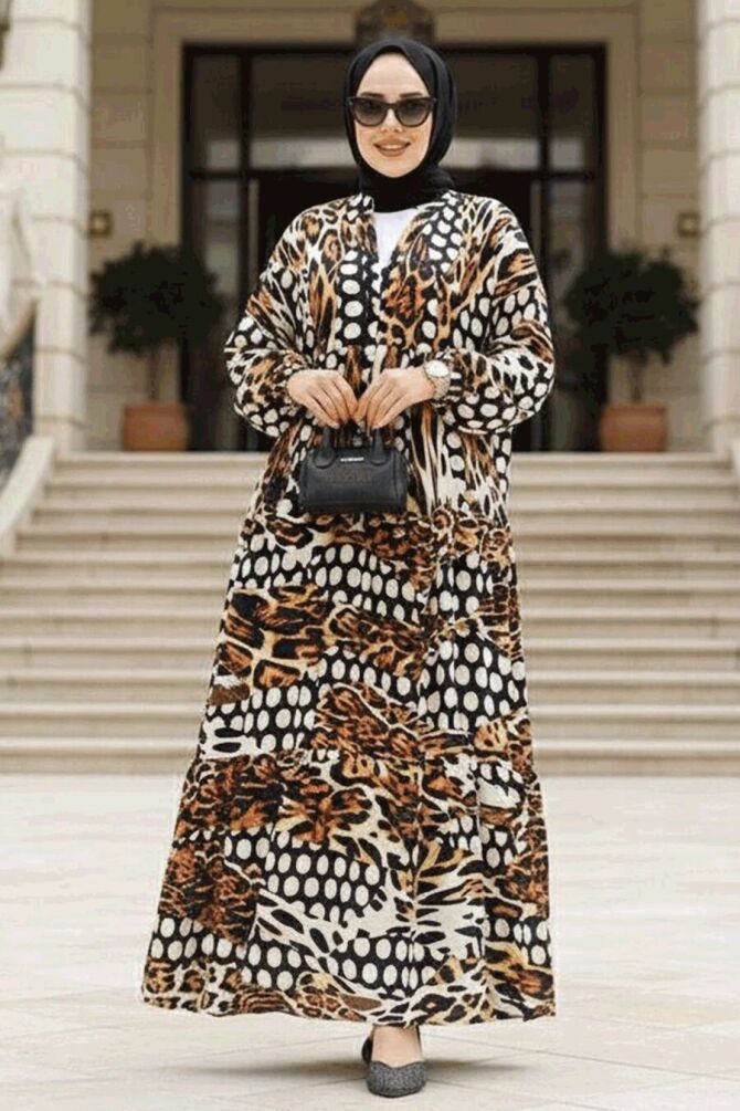 Leopar Desenli Tesettür Elbise 23041LP - 1