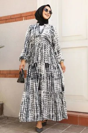 Desenli Siyah Tesettür Elbise 23584S - 1