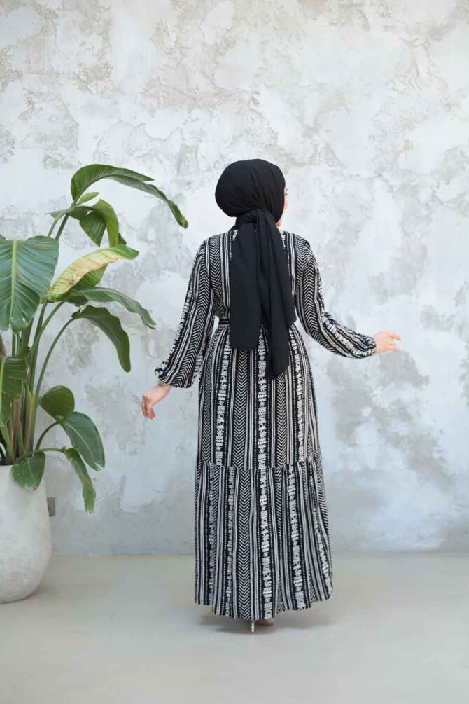 Desenli Siyah Tesettür Elbise 23921S - 3