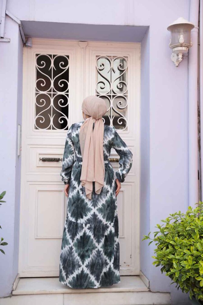 Desenli Siyah Tesettür Elbise 23922S - 4