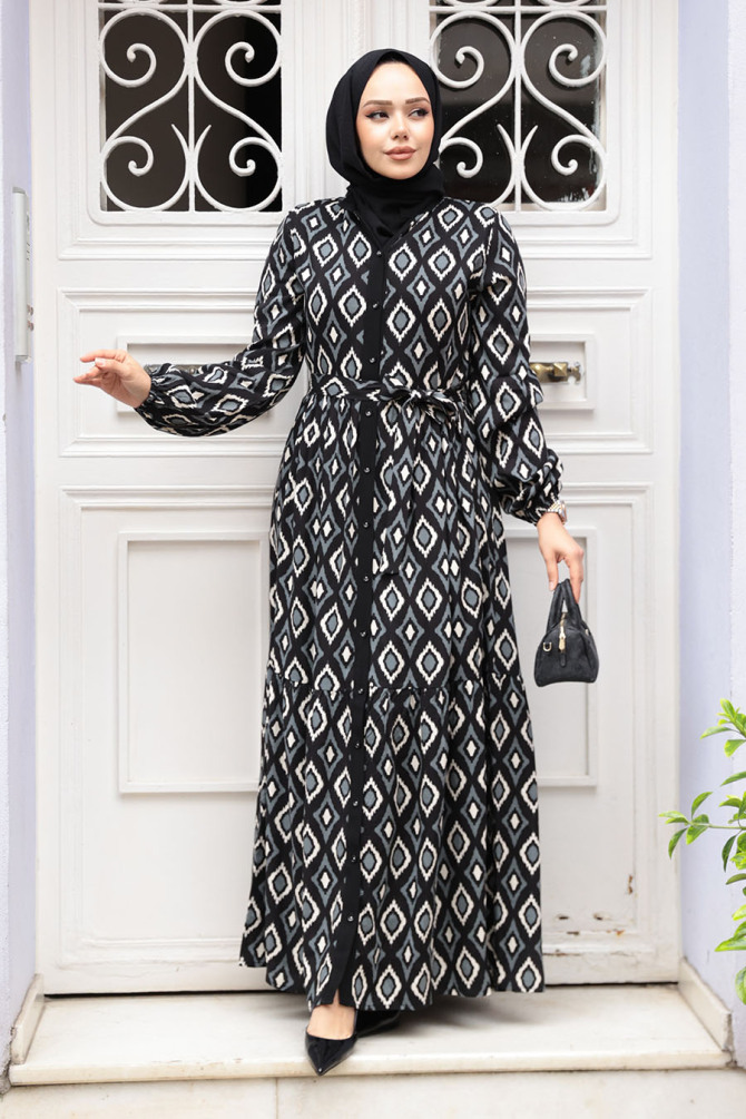 Desenli Siyah Tesettür Elbise 23924S - 1