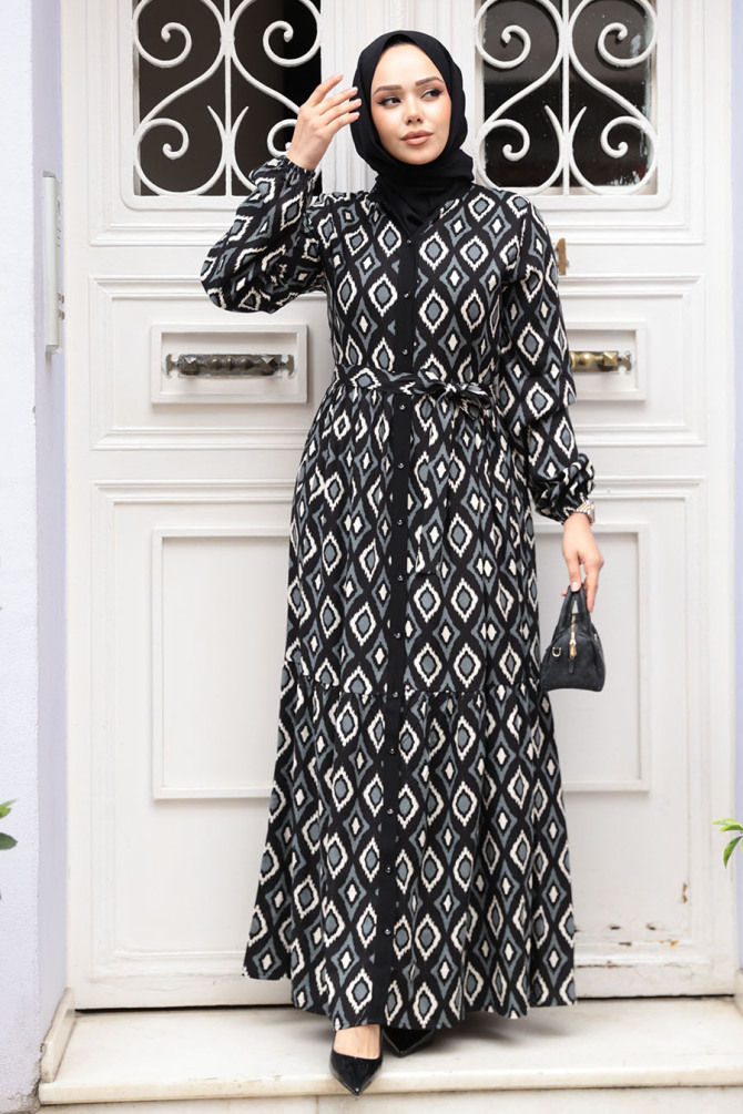 Desenli Siyah Tesettür Elbise 23924S - 3