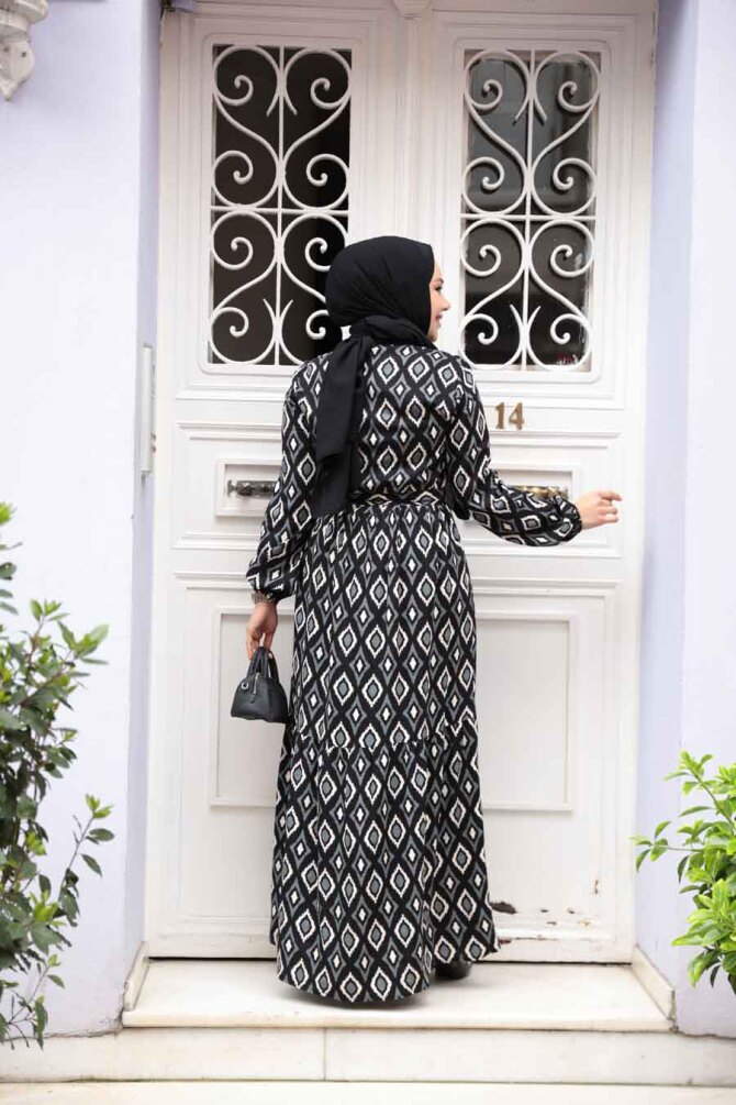 Desenli Siyah Tesettür Elbise 23924S - 4