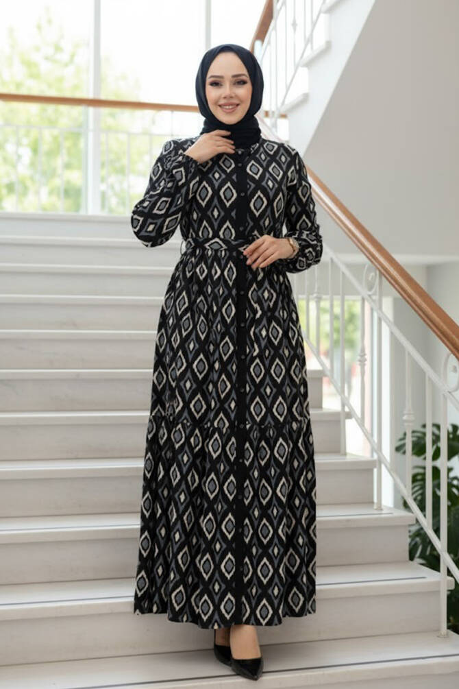 Desenli Siyah Tesettür Elbise 23924S - 1