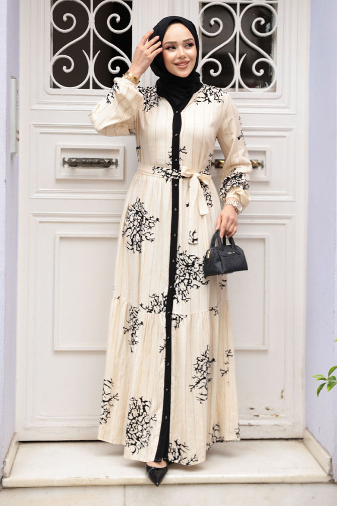 Desenli Siyah Tesettür Elbise 23925S - 2