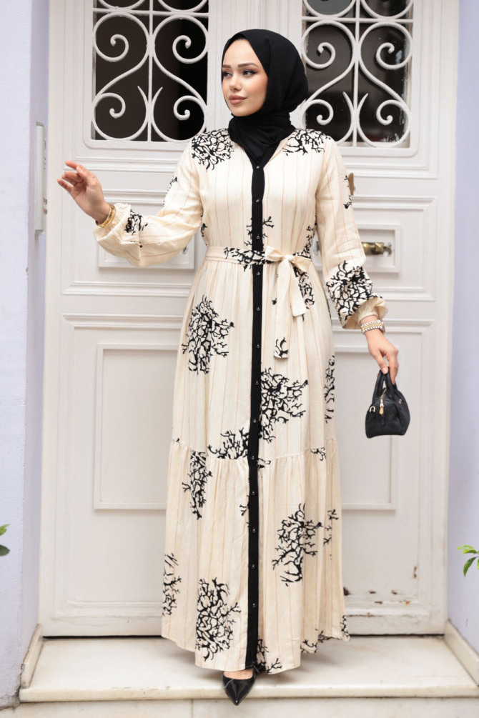 Desenli Siyah Tesettür Elbise 23925S - 3