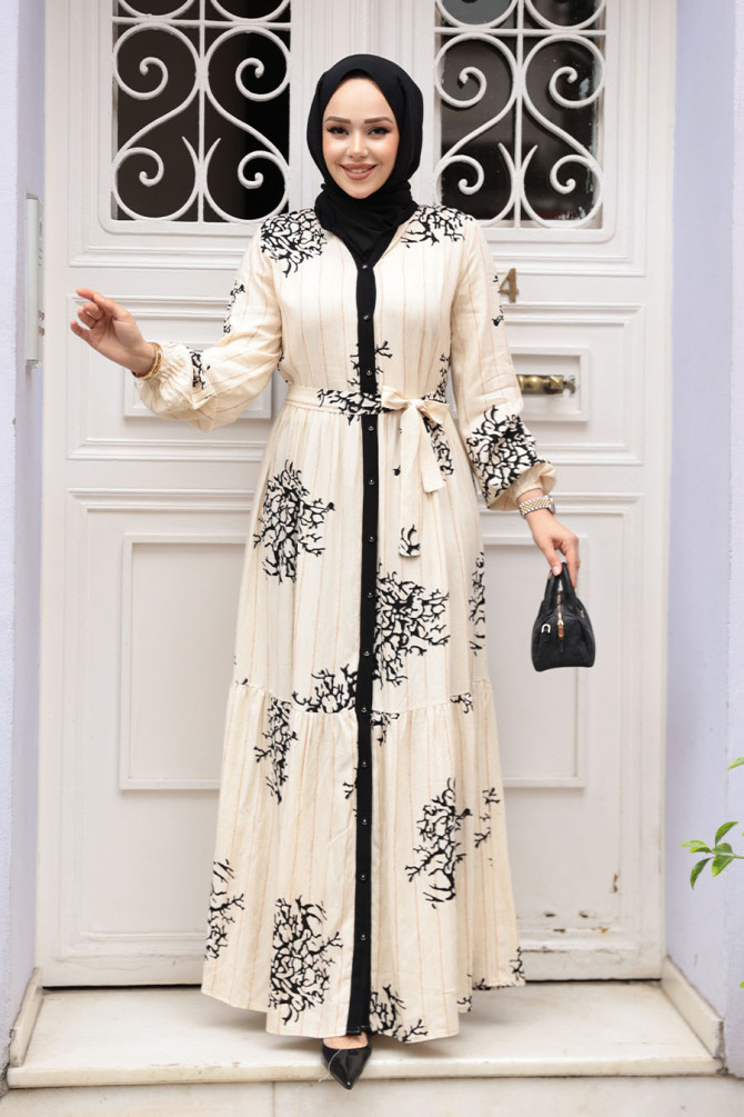 Desenli Siyah Tesettür Elbise 23925S - 1