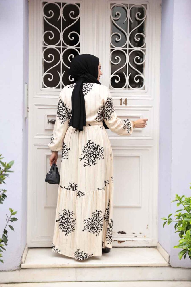 Desenli Siyah Tesettür Elbise 23925S - 4