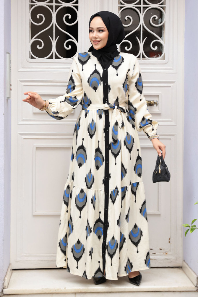Desenli Siyah Tesettür Elbise 23926S - 1