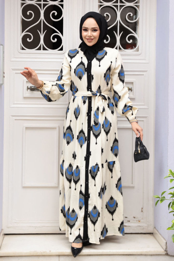 Desenli Siyah Tesettür Elbise 23926S - 2