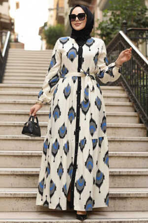 Desenli Siyah Tesettür Elbise 23926S 