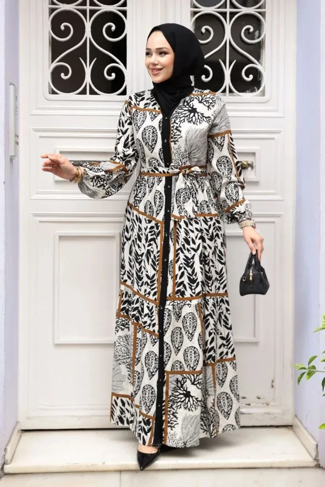 Desenli Siyah Tesettür Elbise 23928S - 1