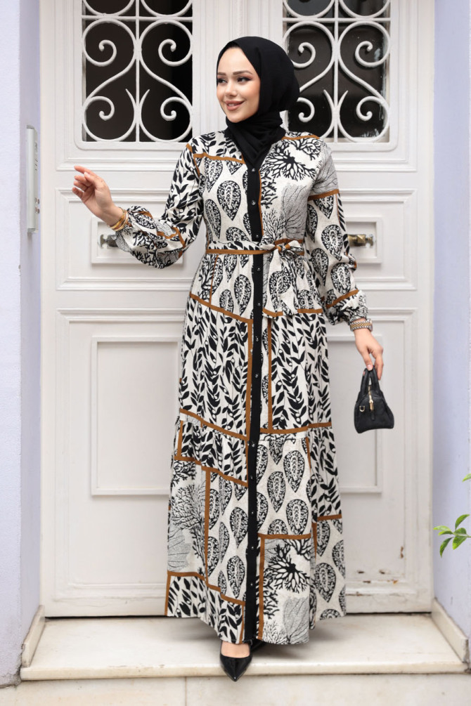 Desenli Siyah Tesettür Elbise 23928S - 2