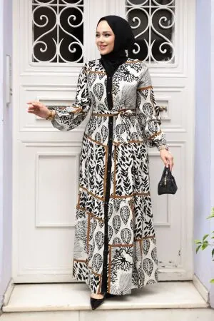 Desenli Siyah Tesettür Elbise 23928S 