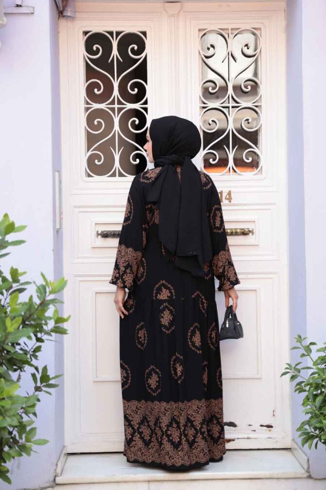 Desenli Siyah Tesettür Elbise 24014S - 3